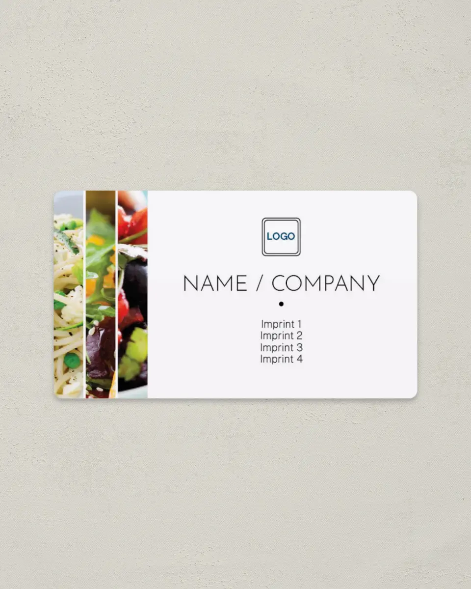 This is a 2" x 3½" Magnetic Business Card called Fresh Foods printed in full color with a Standard Gloss finish