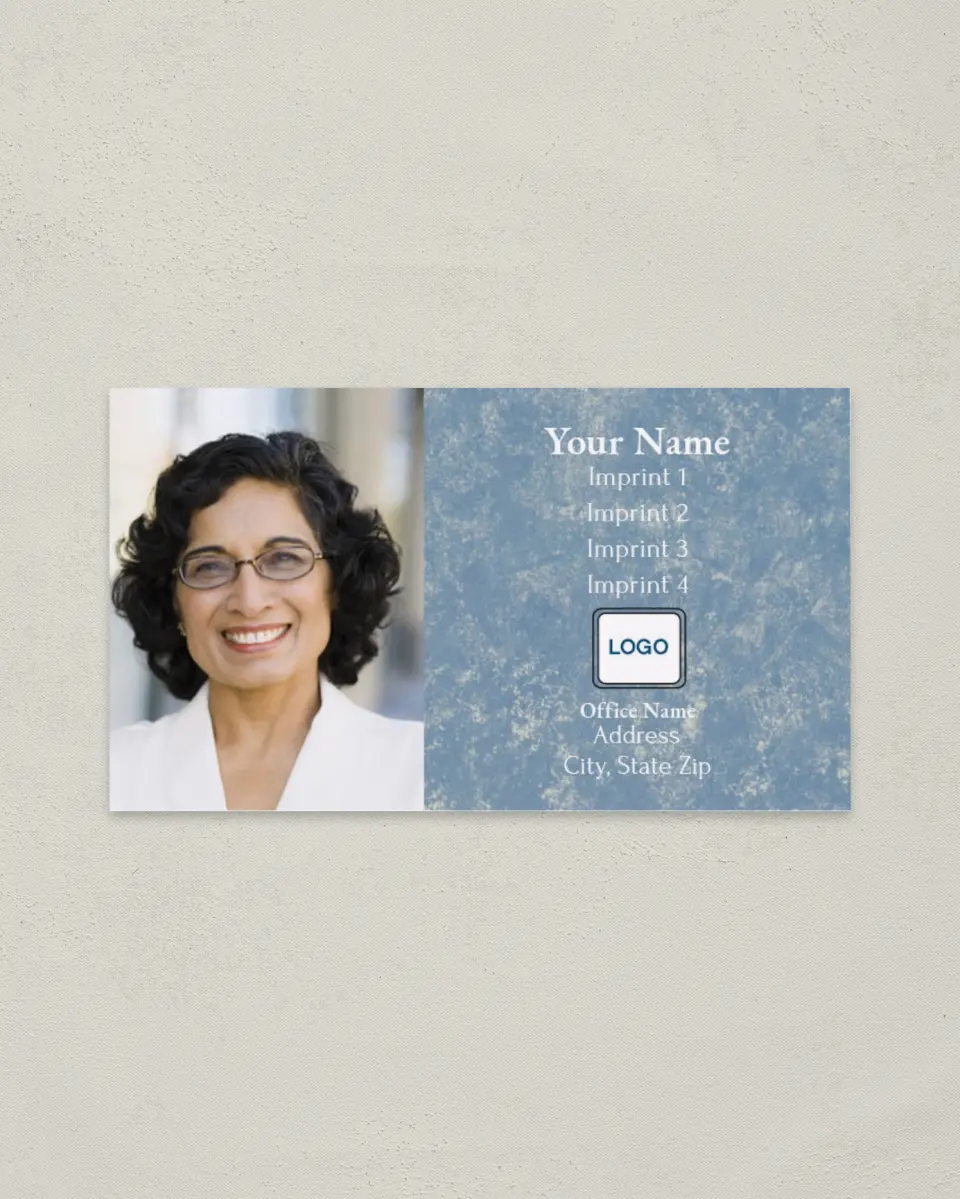 This is a 2" x 3½" Paper Business Card called Half-Photo with Blue Texture printed in full color on Soft Touch paper