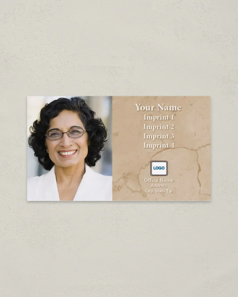 This is a 2" x 3½" Paper Business Card called Half-Photo with Tan Marble printed in full color on Soft Touch paper