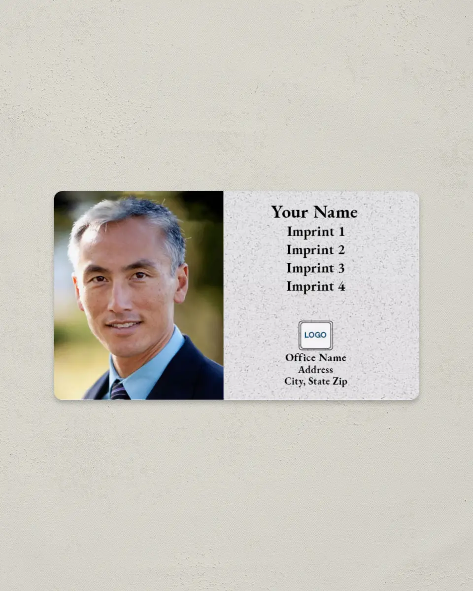 This is a 2" x 3½" Magnetic Business Card called Half-Photo with Gray Parchment printed in full color with a Standard Gloss finish