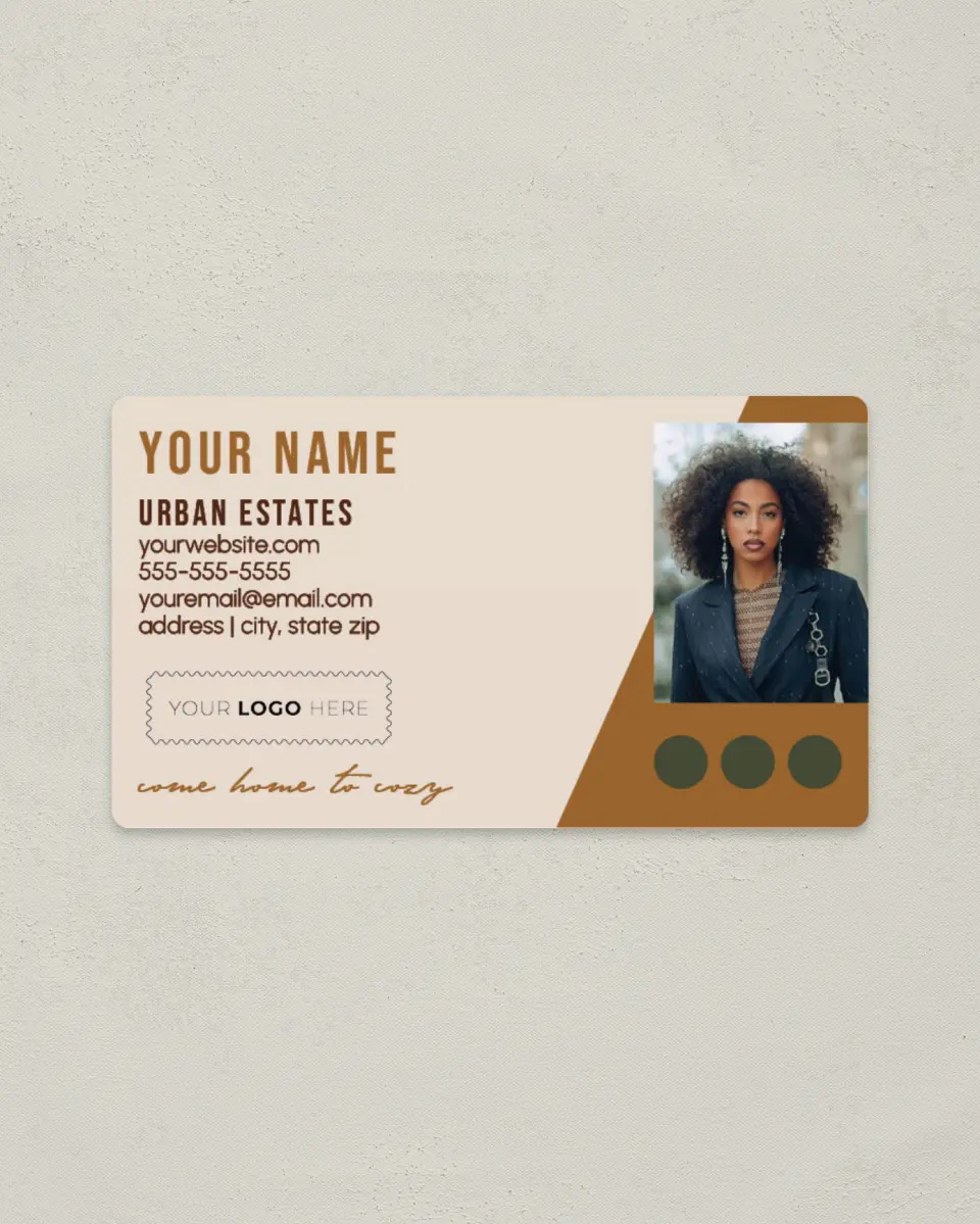 This is a 2" x 3½" Magnetic Business Card called Urban Essence printed in full color with Rose Gold foil and a Soft Touch finish