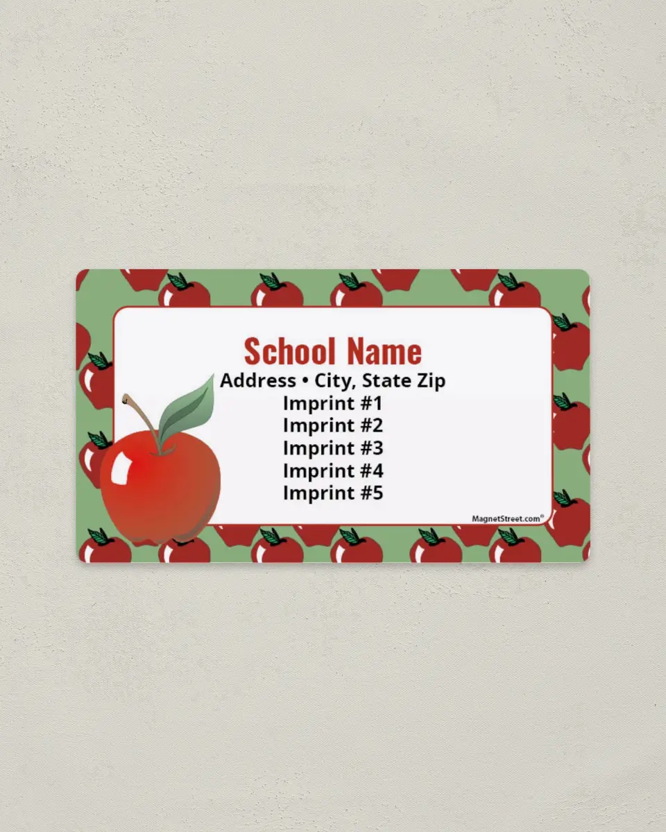 This is a 2" x 3½" School Contact Magnet called Apple in Corner and Around Border printed in full color