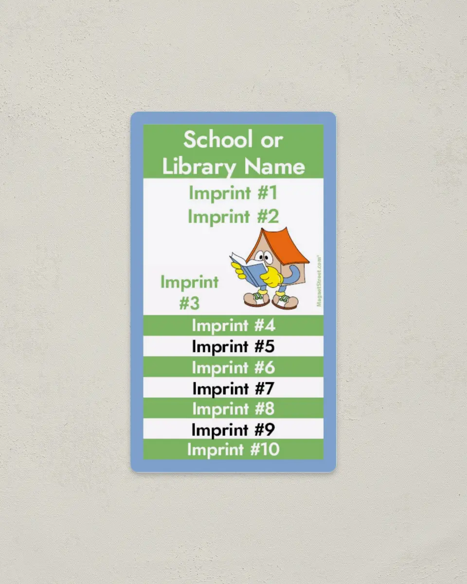 This is a 2" x 3½" School Contact Magnet called List of Imprints printed in full color