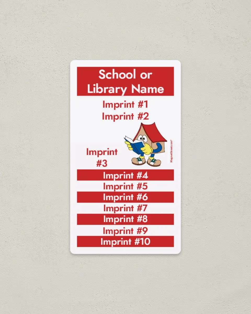 This is a 2" x 3½" School Contact Magnet called List of Imprints printed in full color