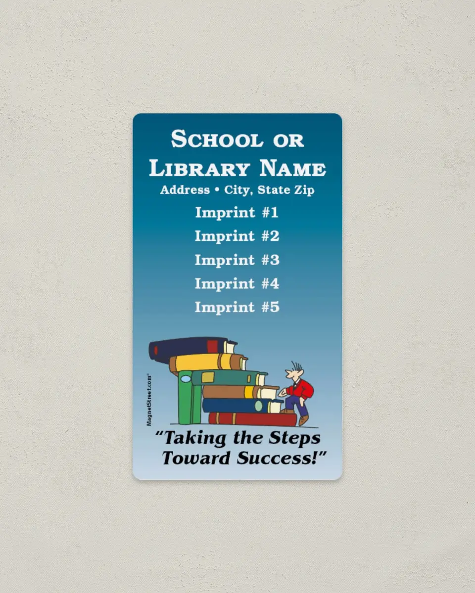 This is a 2" x 3½" School Contact Magnet called Stacked Books, Steps Toward Success printed in full color