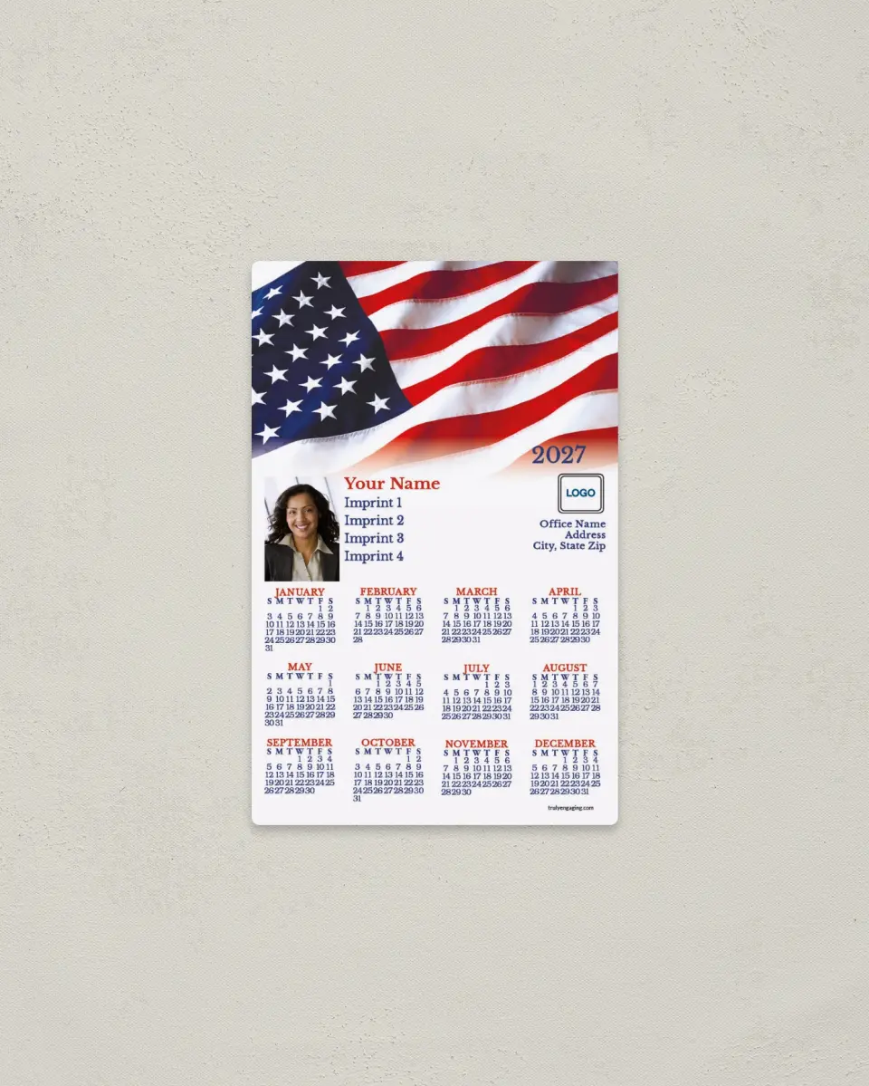 This is a 3.7" x 5.7" Full Magnet Calendar called Fading Flag printed in full color with a Standard Gloss finish