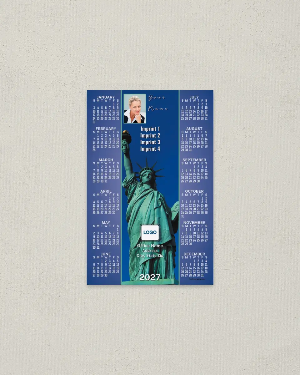 This is a 3.7" x 5.7" Full Magnet Calendar called Statue of Liberty printed in full color with a Standard Gloss finish