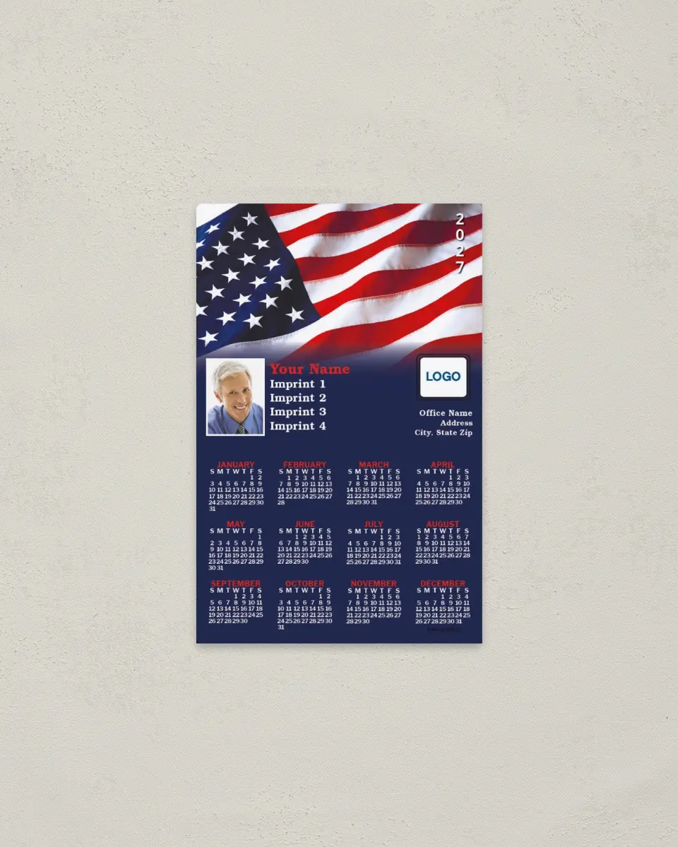 This is a 3.7" x 5.7" Full Magnet Calendar called Flag Fading to Blue printed in full color with a Standard Gloss finish