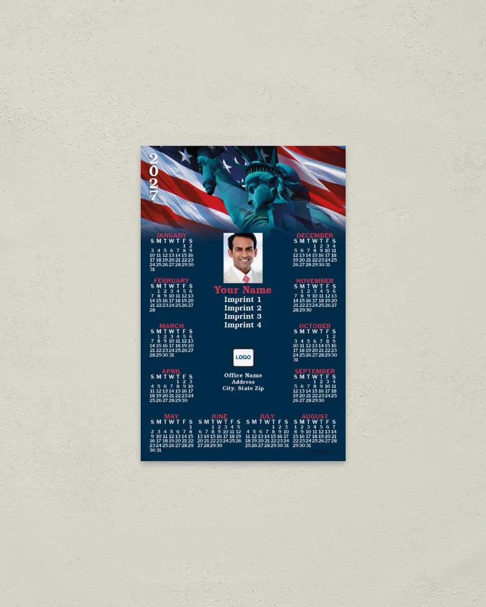 This is a 3.7" x 5.7" Full Magnet Calendar called Statue of Liberty and Flag Fading to Navy printed in full color with a Standard Gloss finish