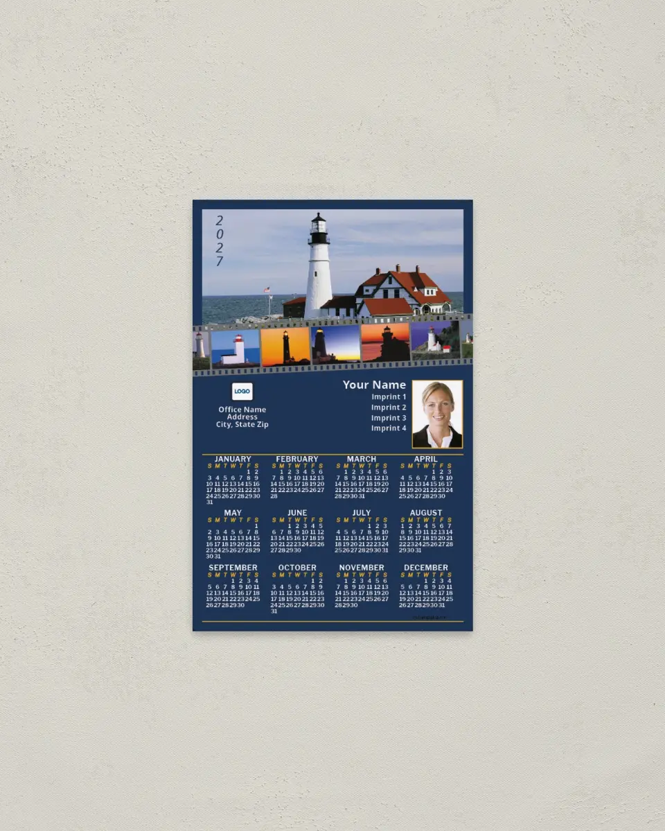 This is a 3.7" x 5.7" Full Magnet Calendar called Lighthouse Classic Collection printed in full color with a Standard Gloss finish