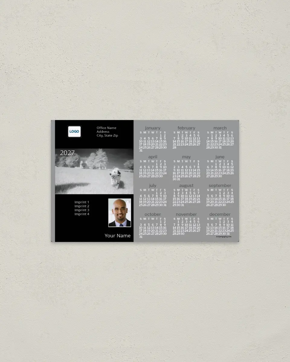 This is a 3.7" x 5.7" Full Magnet Calendar called House & Dog printed in full color with a Standard Gloss finish
