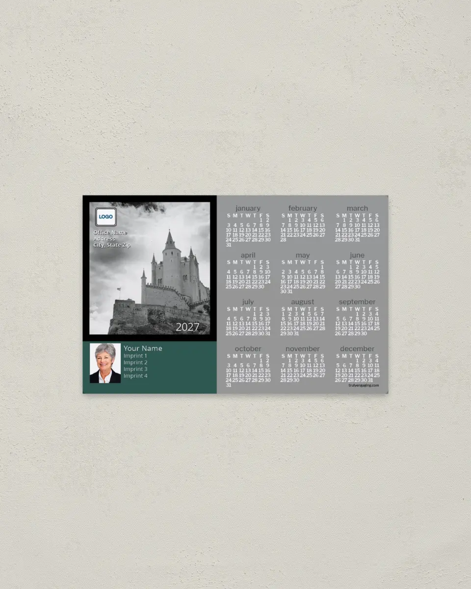 This is a 3.7" x 5.7" Full Magnet Calendar called Castle printed in full color with a Standard Gloss finish