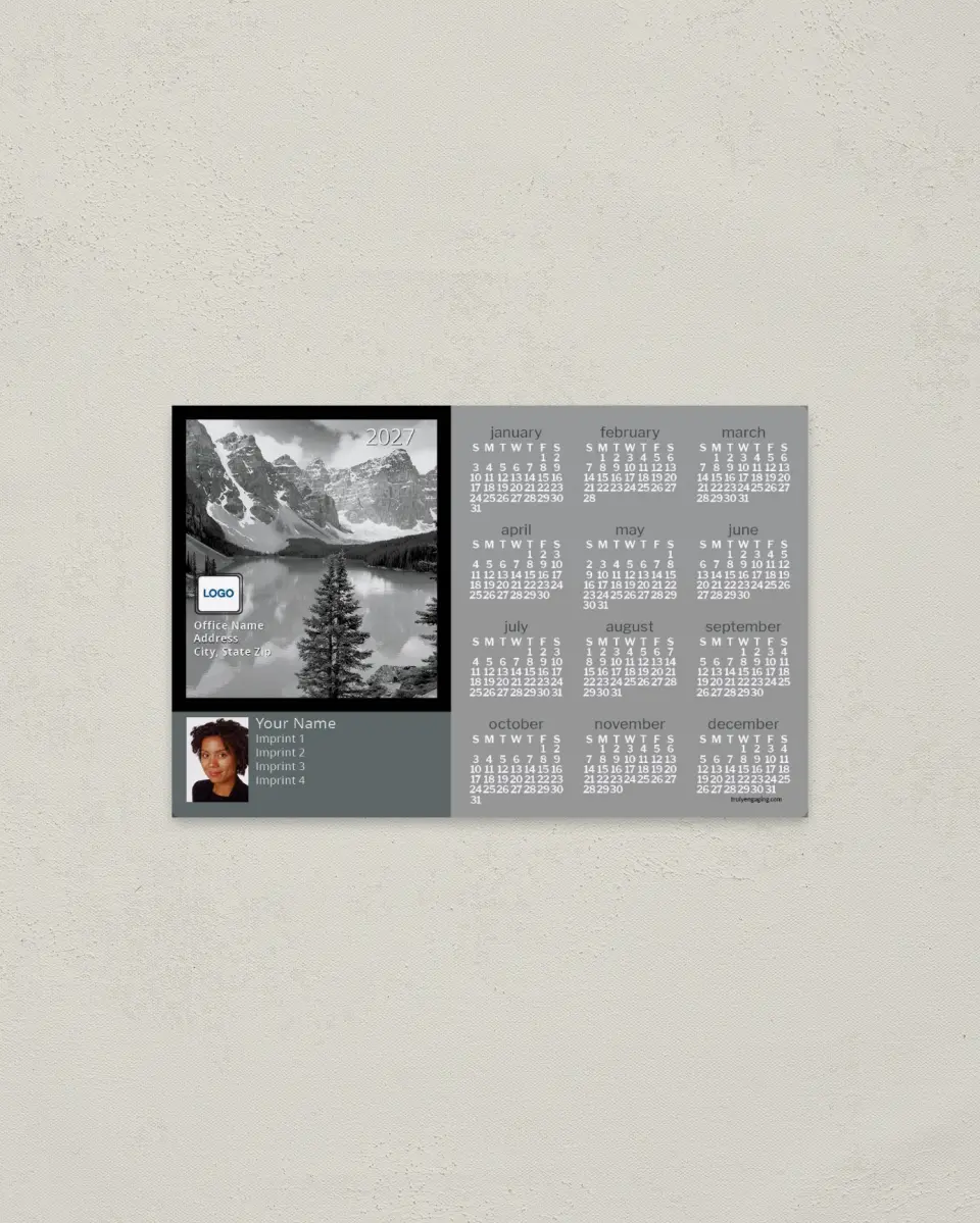 This is a 3.7" x 5.7" Full Magnet Calendar called Mountains and Lake printed in full color with a Standard Gloss finish