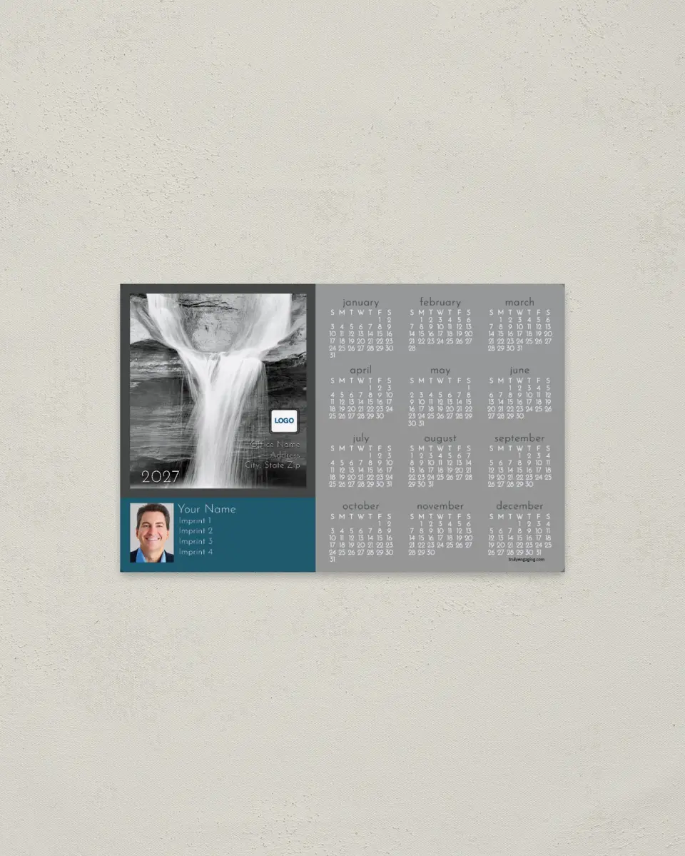 This is a 3.7" x 5.7" Full Magnet Calendar called Waterfall printed in full color with a Standard Gloss finish