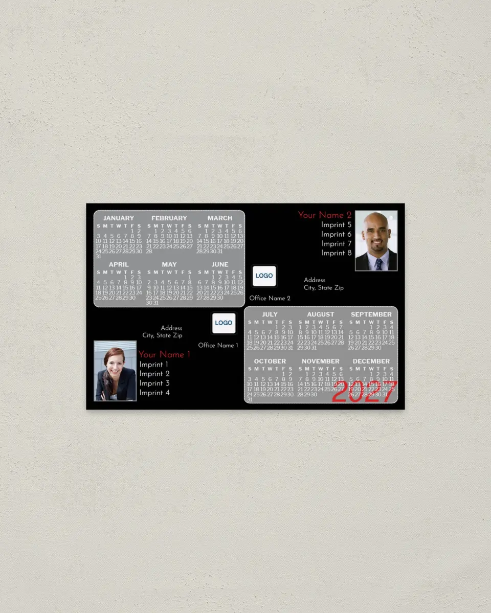 This is a 3.7" x 5.7" Full Magnet Calendar called Black & Gray, 2-Person printed in full color with a Standard Gloss finish