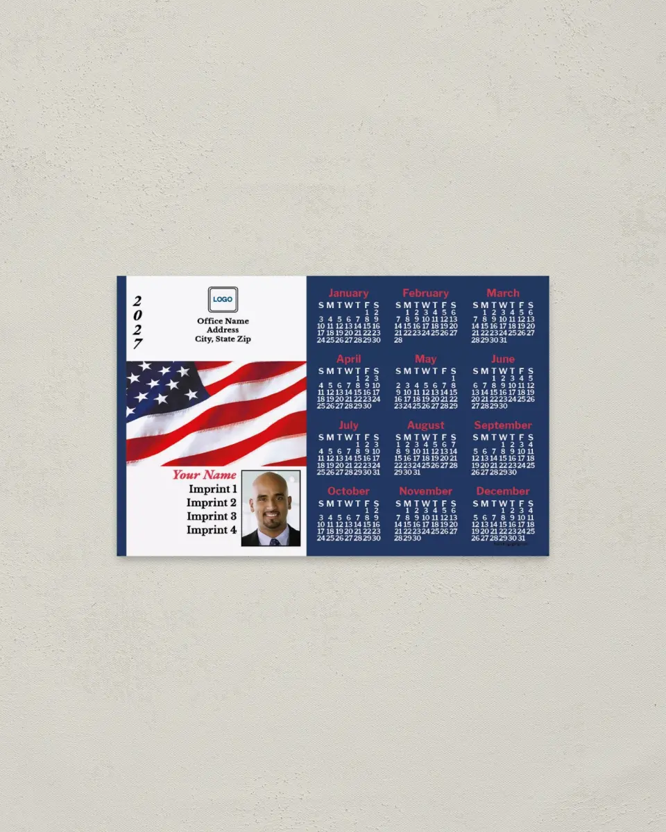 This is a 3.7" x 5.7" Full Magnet Calendar called Flag with Blue and White Background printed in full color with a Standard Gloss finish