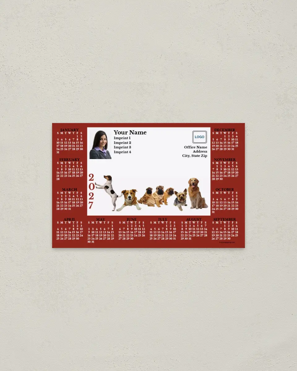 This is a 3.7" x 5.7" Full Magnet Calendar called Dogs with Brick Red Border printed in full color with a Standard Gloss finish