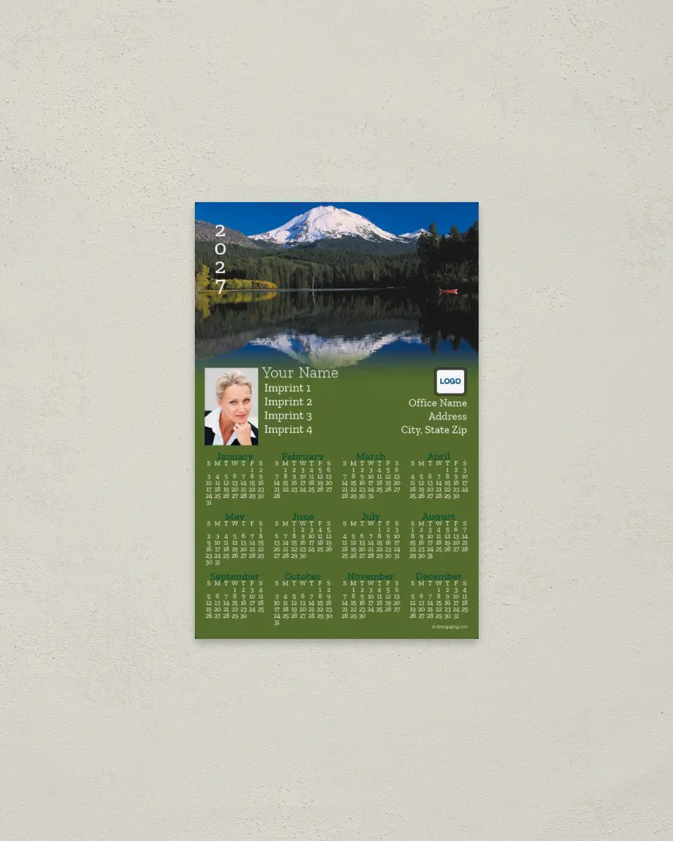 This is a 3.7" x 5.7" Full Magnet Calendar called Mountain and Lake Fading to Green printed in full color with a Standard Gloss finish