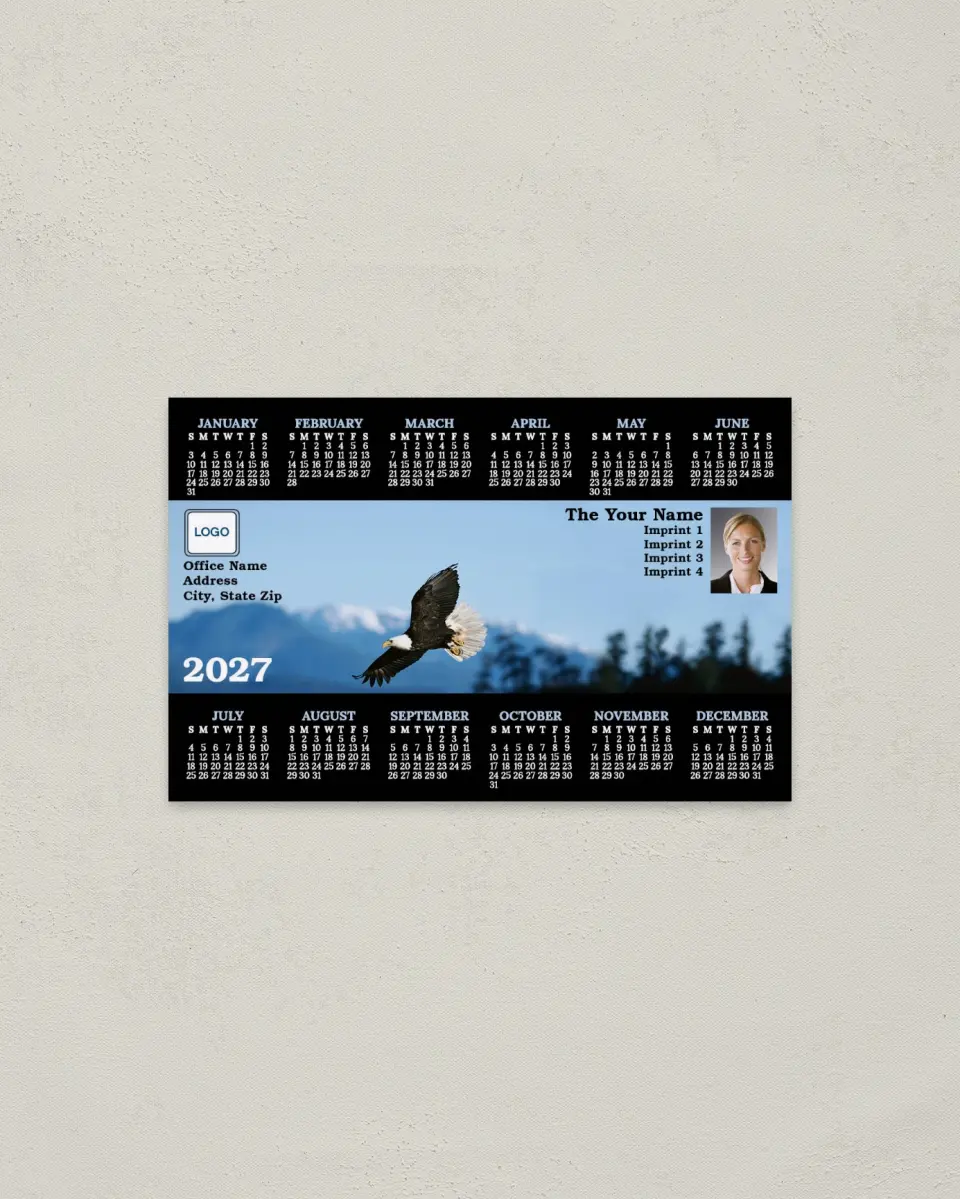 This is a 3.7" x 5.7" Full Magnet Calendar called Eagle and Mountains printed in full color with a Standard Gloss finish