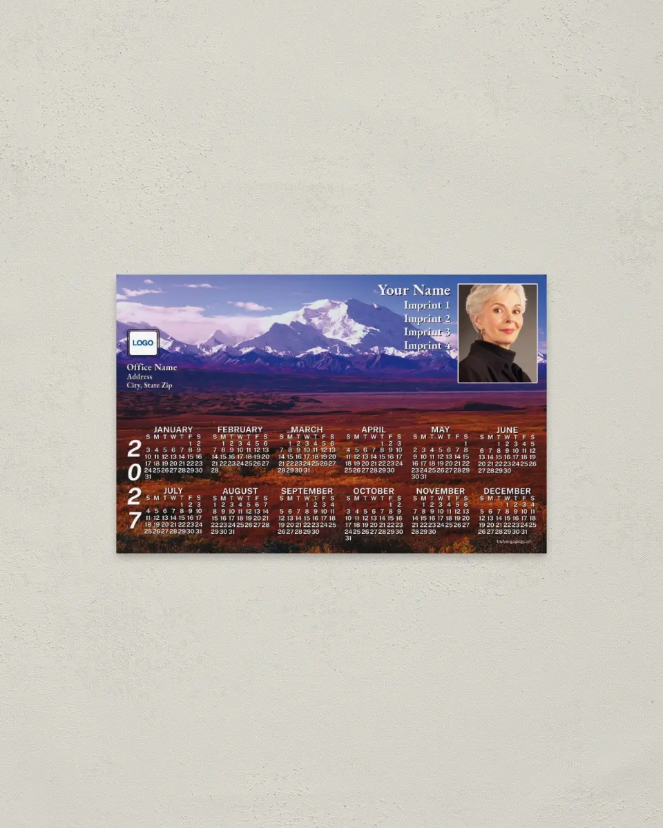 This is a 3.7" x 5.7" Full Magnet Calendar called Mountains printed in full color with a Standard Gloss finish