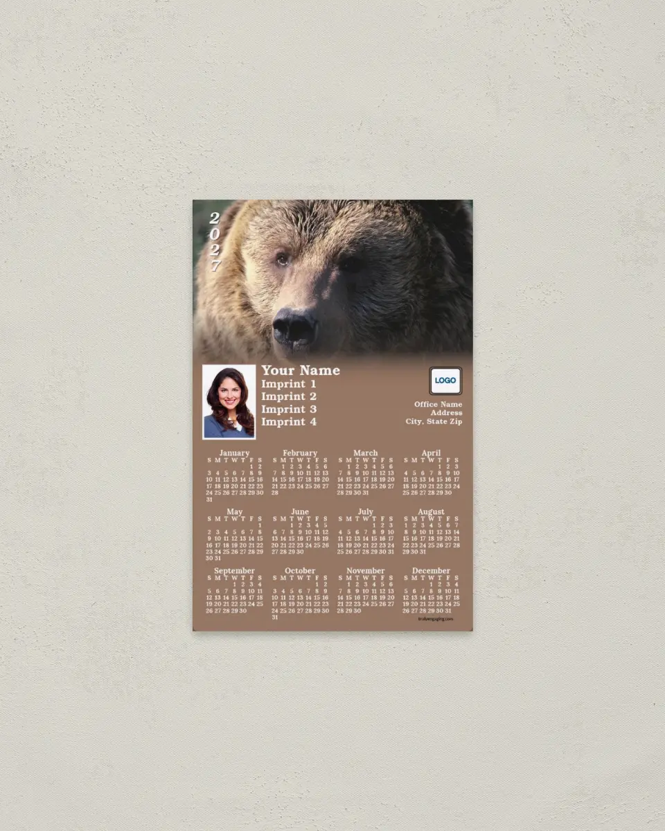 This is a 3.7" x 5.7" Full Magnet Calendar called Bear Fading to Brown printed in full color with a Standard Gloss finish