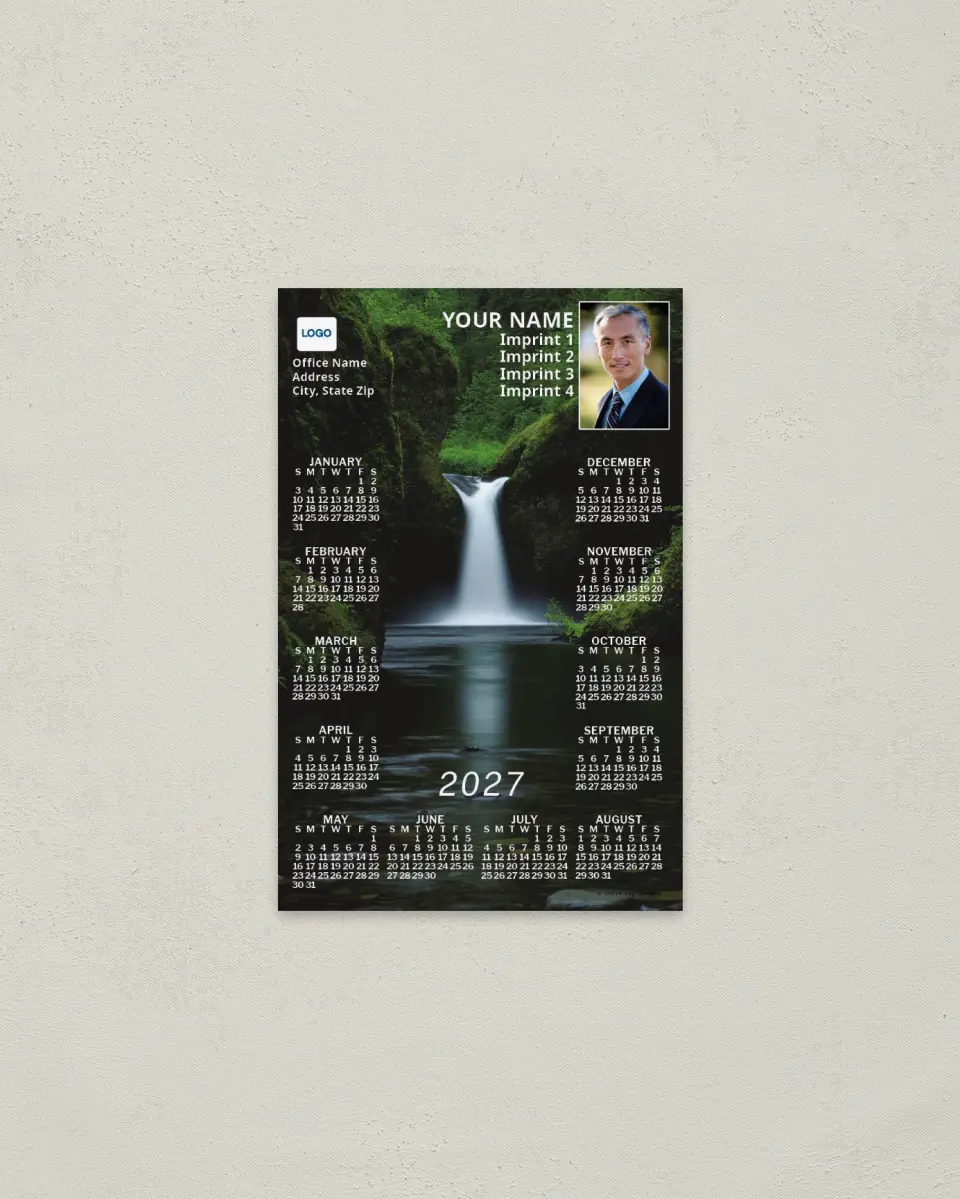 This is a 3.7" x 5.7" Full Magnet Calendar called Waterfall printed in full color with a Standard Gloss finish