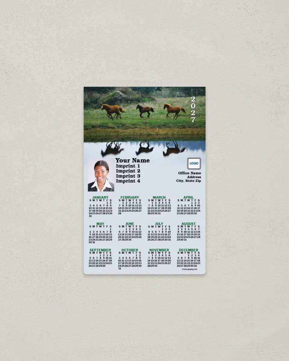 This is a 3.7" x 5.7" Full Magnet Calendar called Horses Fading to Light Blue printed in full color with a Standard Gloss finish