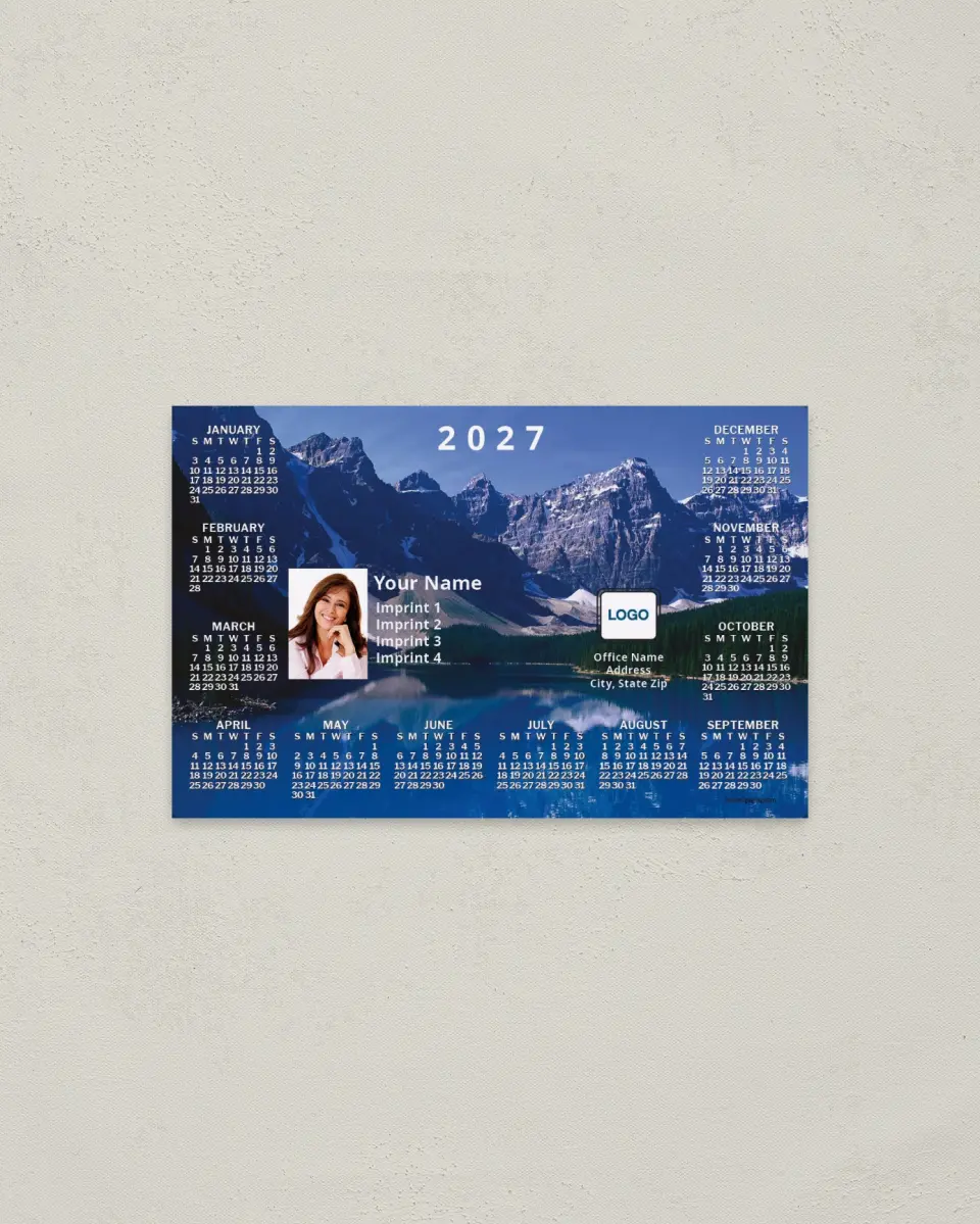 This is a 3.7" x 5.7" Full Magnet Calendar called Mountain and Lake printed in full color with a Standard Gloss finish