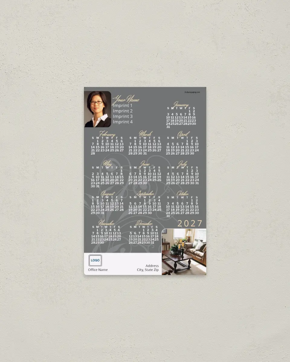 This is a 3.7" x 5.7" Full Magnet Calendar called Professional Flourish printed in full color with a Standard Gloss finish