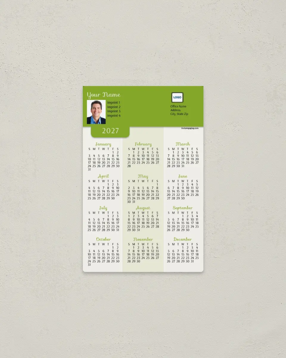 This is a 3.7" x 5.7" Full Magnet Calendar called Name Tab printed in full color with a Standard Gloss finish