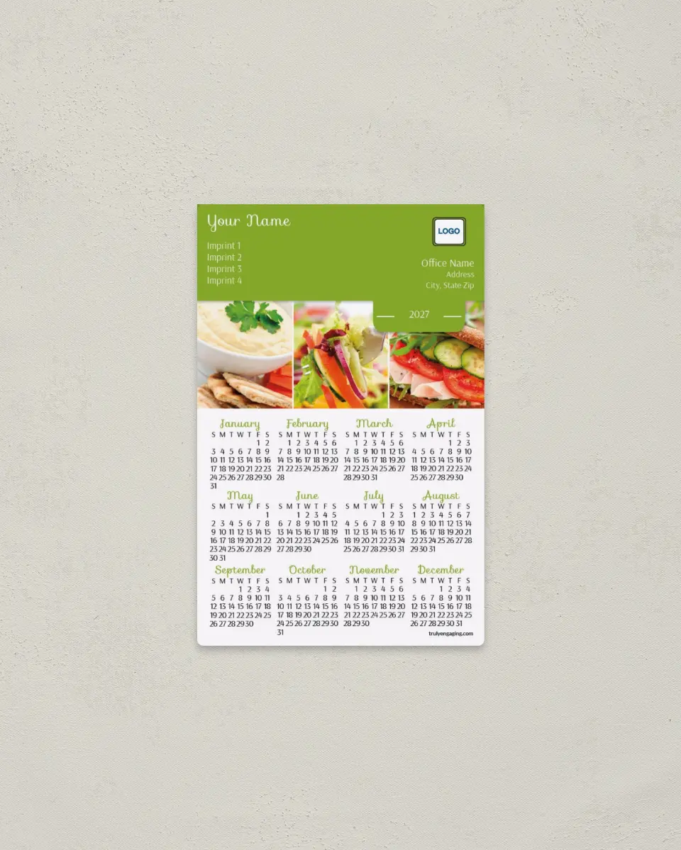 This is a 3.7" x 5.7" Full Magnet Calendar called Food Photography printed in full color with a Standard Gloss finish