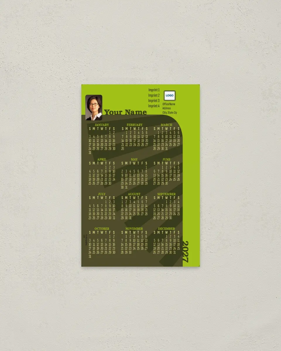 This is a 3.7" x 5.7" Full Magnet Calendar called Green Lifestyle printed in full color with a Standard Gloss finish