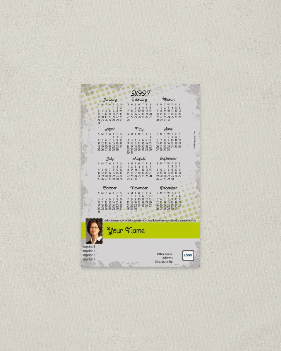 This is a 3.7" x 5.7" Full Magnet Calendar called Green Routine printed in full color with a Standard Gloss finish