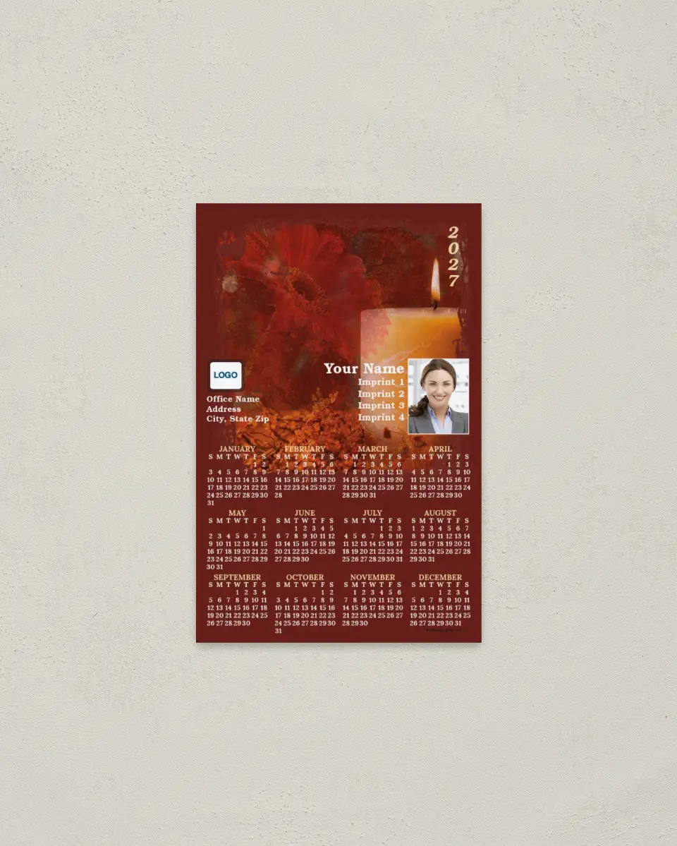 This is a 3.7" x 5.7" Full Magnet Calendar called Candle & Flower Background printed in full color with a Standard Gloss finish