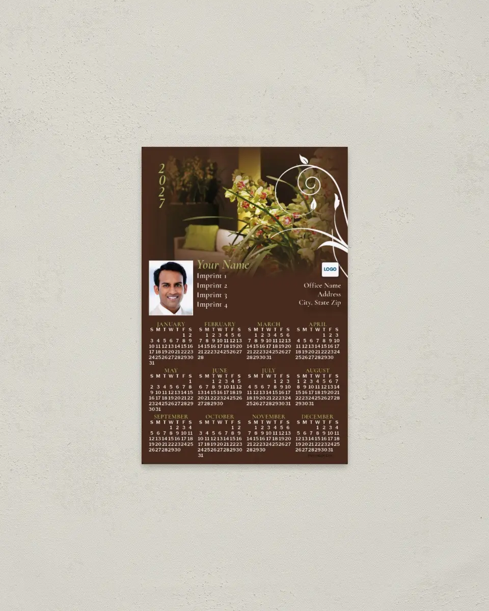 This is a 3.7" x 5.7" Full Magnet Calendar called Couch & Flower Background printed in full color with a Standard Gloss finish
