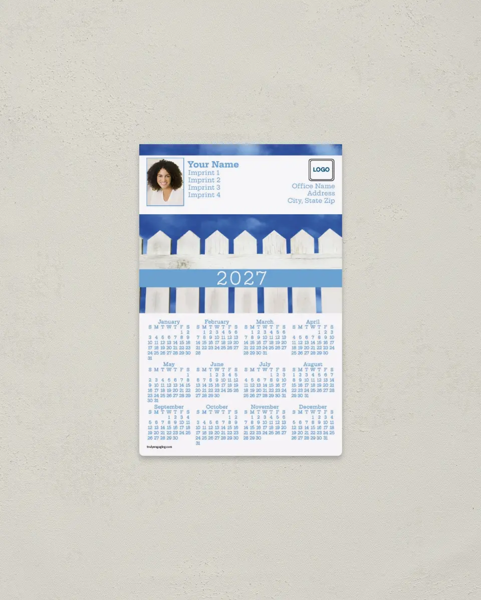This is a 3.7" x 5.7" Full Magnet Calendar called Blue Sky & Picket Fence printed in full color with a Standard Gloss finish