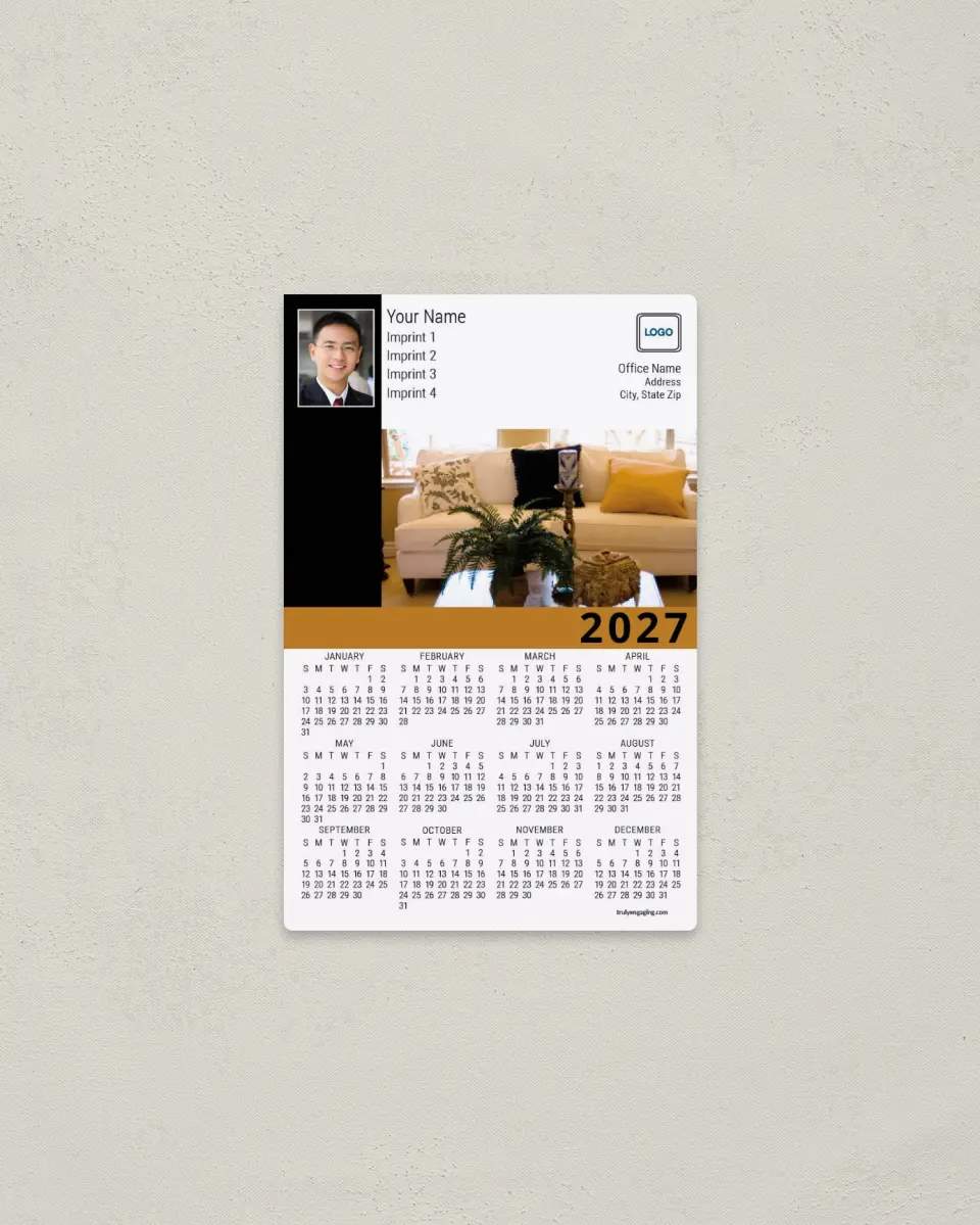 This is a 3.7" x 5.7" Full Magnet Calendar called Living Room printed in full color with a Standard Gloss finish