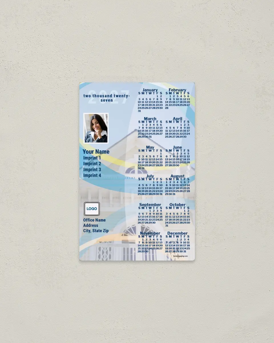 This is a 3.7" x 5.7" Full Magnet Calendar called House & Ribbons printed in full color with a Standard Gloss finish