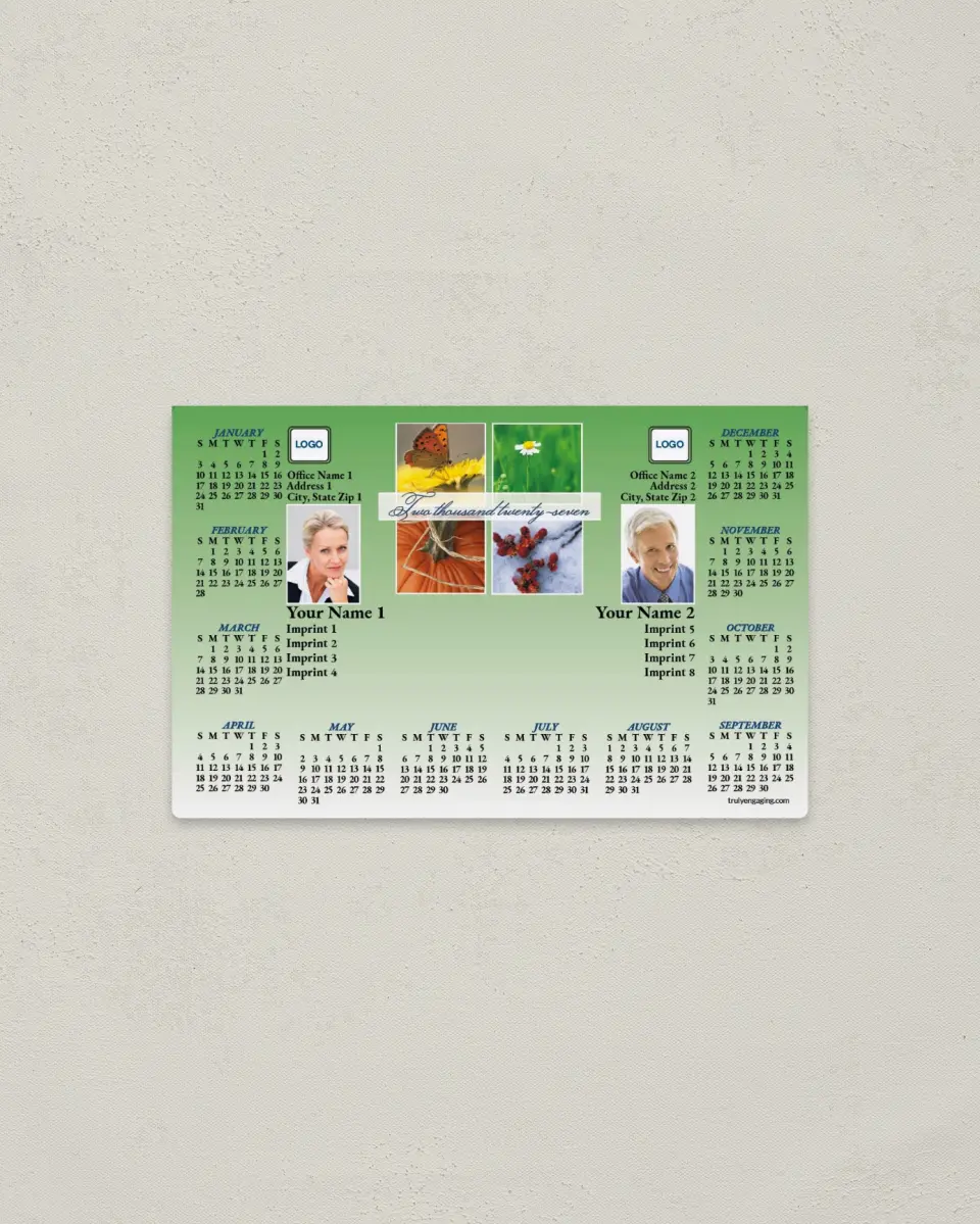 This is a 3.7" x 5.7" Full Magnet Calendar called Seasonal Snapshots, 2-Person printed in full color with a Standard Gloss finish