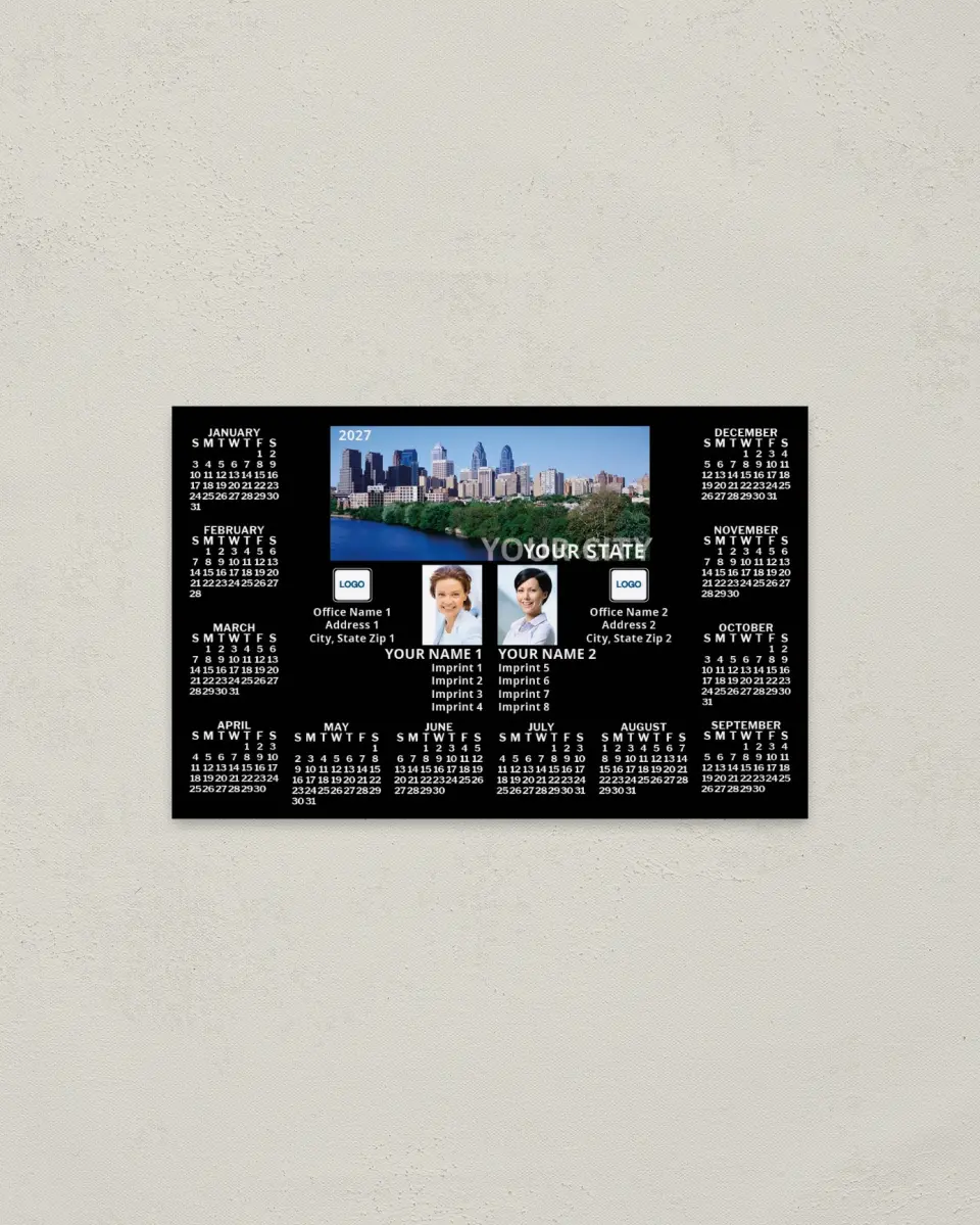 This is a 3.7" x 5.7" Full Magnet Calendar called Modern Skyline, Black with City Name, 2-Person printed in full color with a Standard Gloss finish