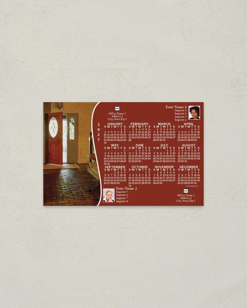 This is a 3.7" x 5.7" Full Magnet Calendar called Open Front Door, Brown, 2-Person printed in full color with a Standard Gloss finish