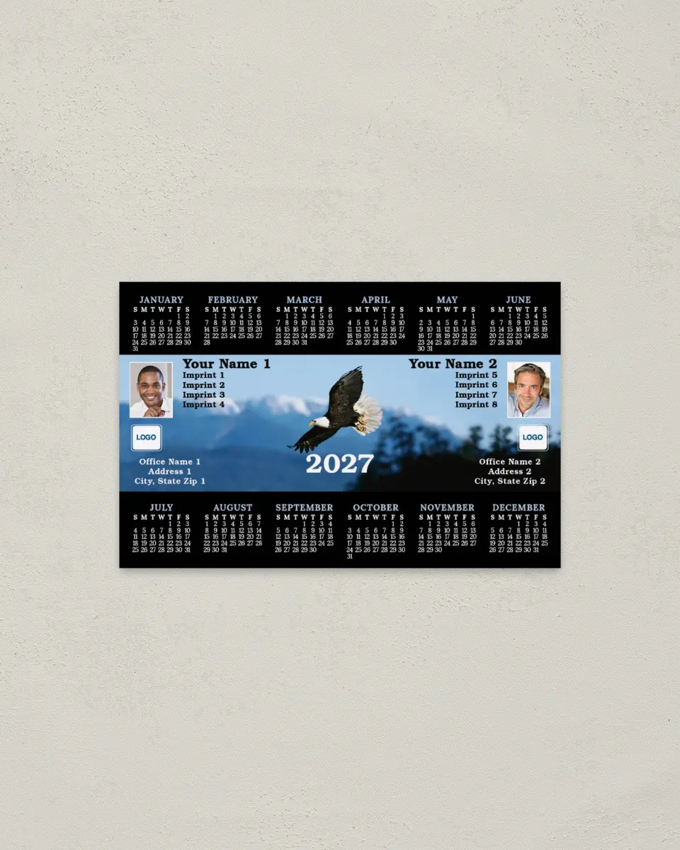 This is a 3.7" x 5.7" Full Magnet Calendar called Eagle and Mountains, 2-Person printed in full color with a Standard Gloss finish