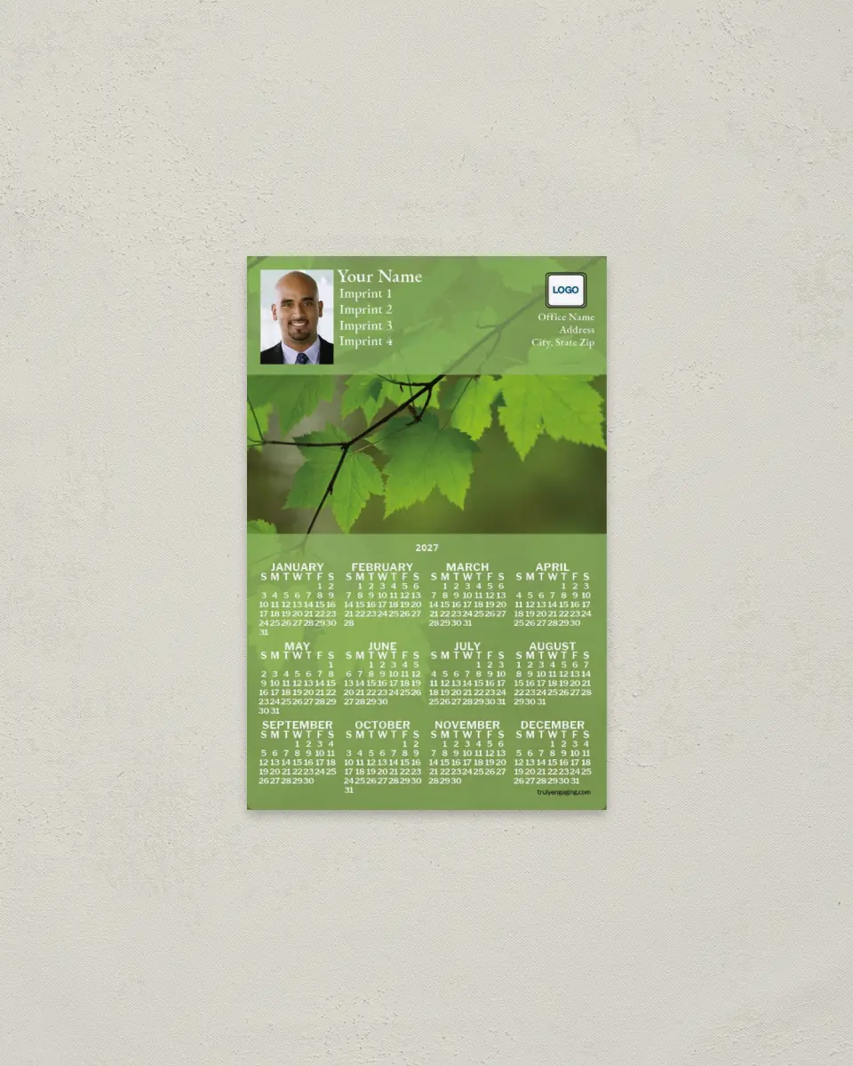 This is a 3.7" x 5.7" Full Magnet Calendar called Green Tree Branch printed in full color with a Standard Gloss finish