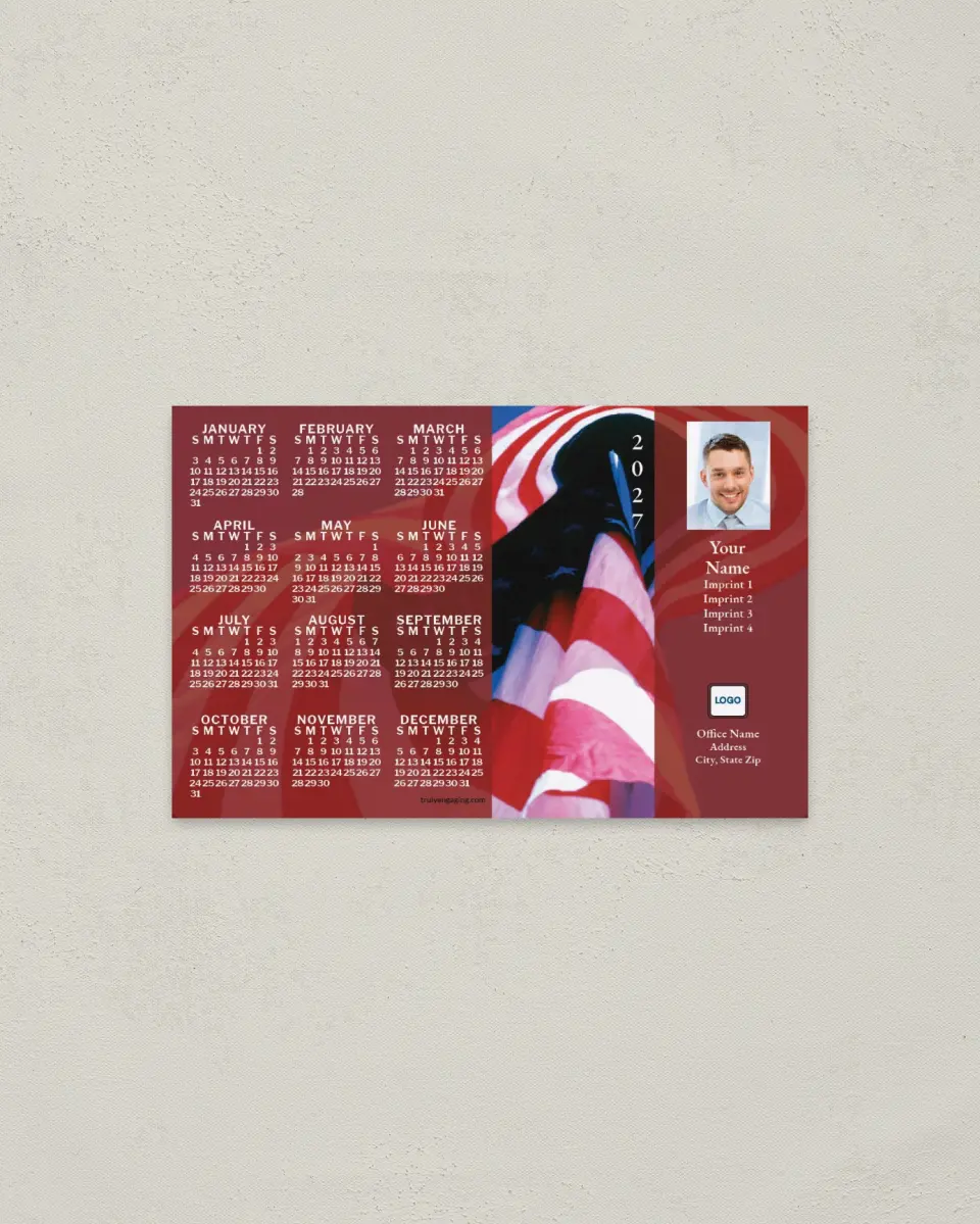This is a 3.7" x 5.7" Full Magnet Calendar called American Flag, Red Fade printed in full color with a Standard Gloss finish