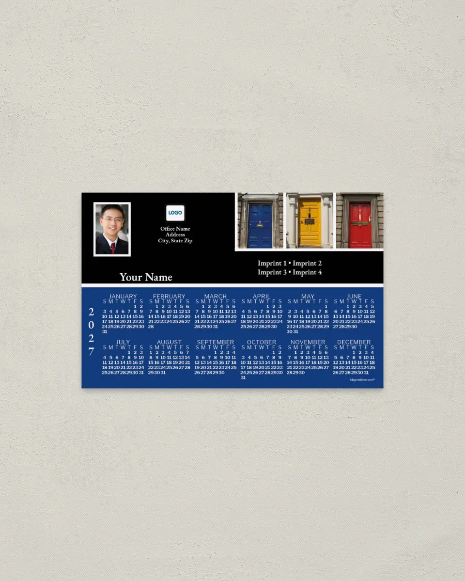 This is a 3.7" x 5.7" Full Magnet Calendar called 3 Doors, Blue background printed in full color with a Standard Gloss finish