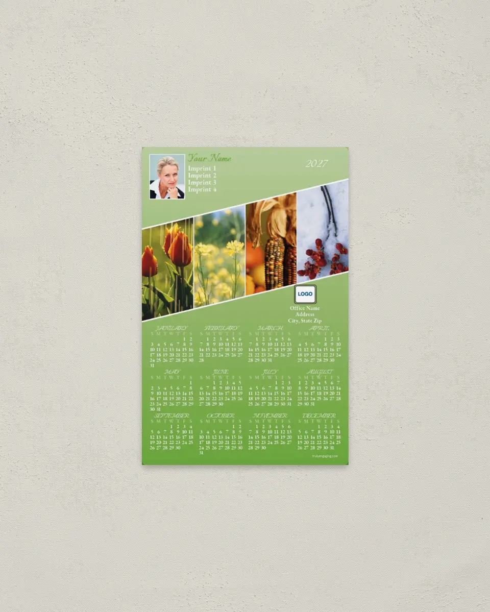 This is a 3.7" x 5.7" Full Magnet Calendar called Seasonal Views printed in full color with a Standard Gloss finish