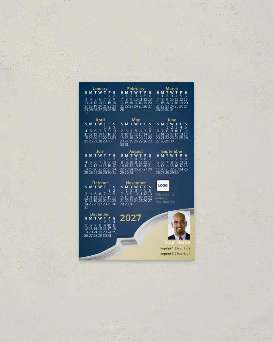 This is a 3.7" x 5.7" Full Magnet Calendar called Arch, Blue Background printed in full color with a Standard Gloss finish