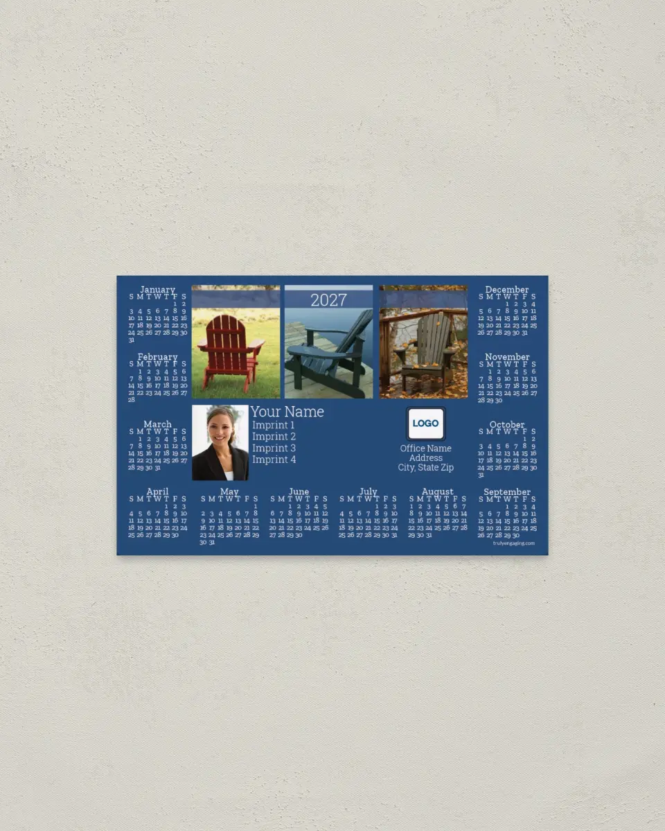This is a 3.7" x 5.7" Full Magnet Calendar called 3 Chair Photos printed in full color with a Standard Gloss finish