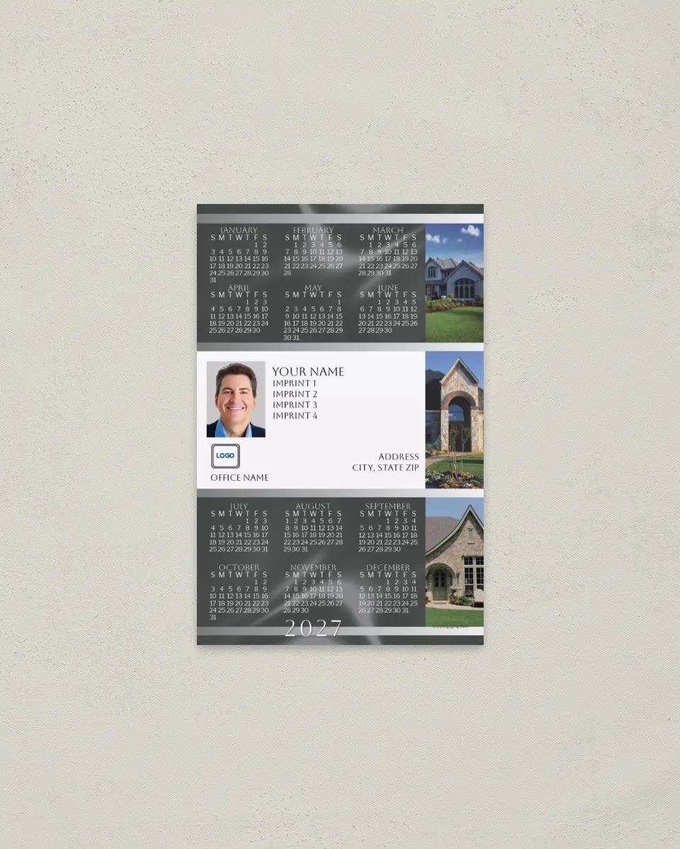 This is a 3.7" x 5.7" Full Magnet Calendar called 3 Brick House photos, Gray Background printed in full color with a Standard Gloss finish