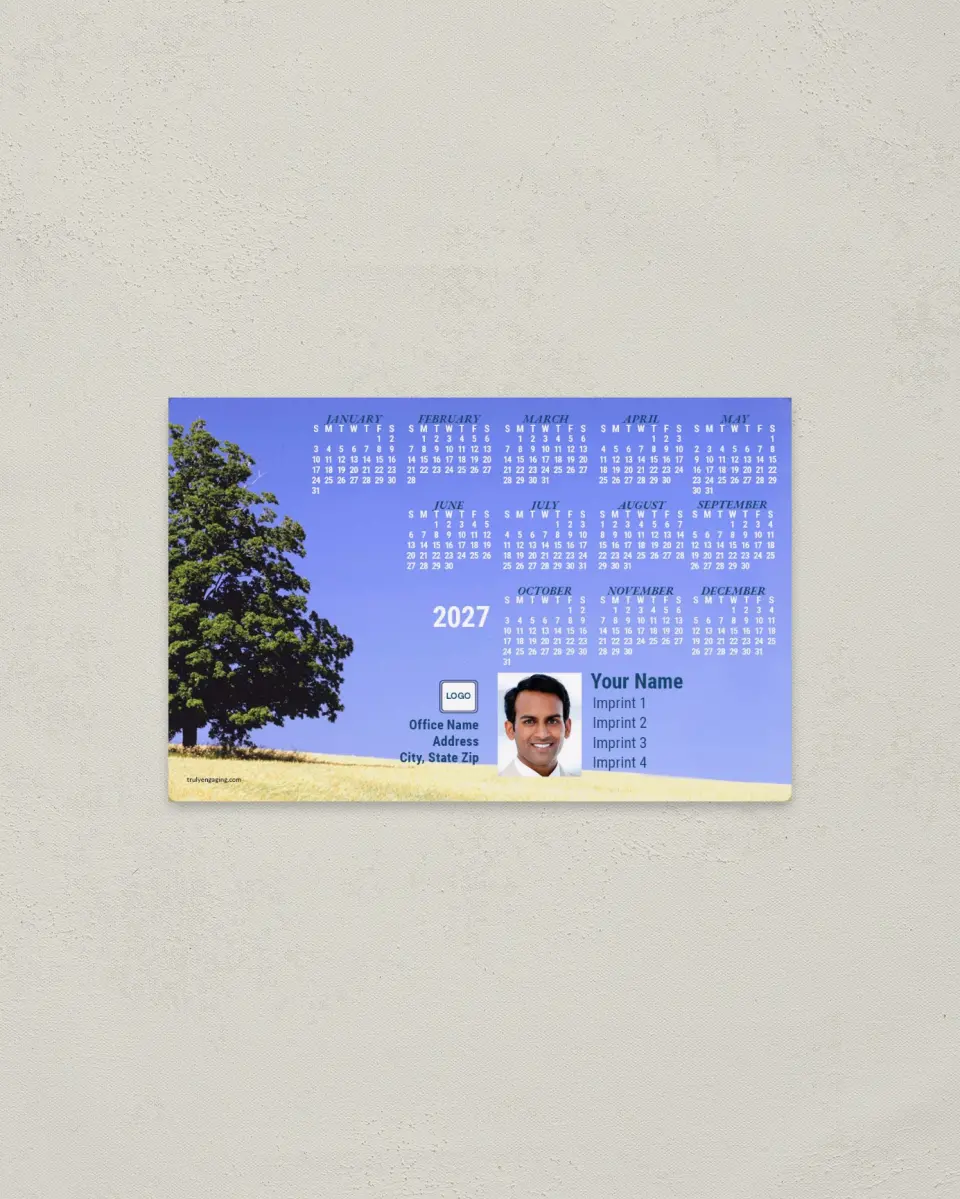 This is a 3.7" x 5.7" Full Magnet Calendar called Tree in Field printed in full color with a Standard Gloss finish